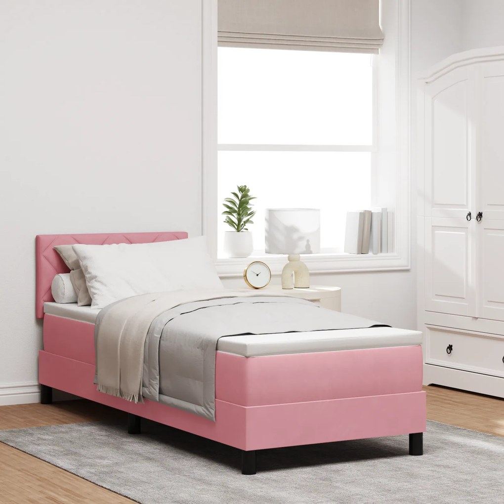 Pat Box Spring cu Saltea &amp; LED Roz 80x200 cm Catifea
