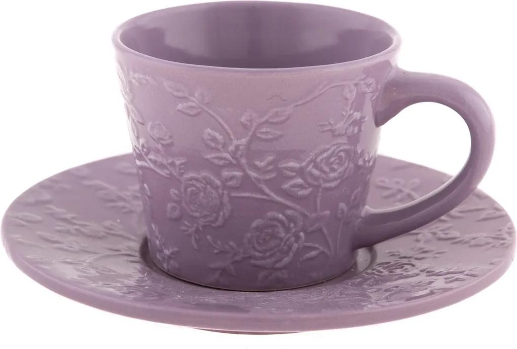 Ceașcă ceramică cu farfurioară, floare violet, 220 ml