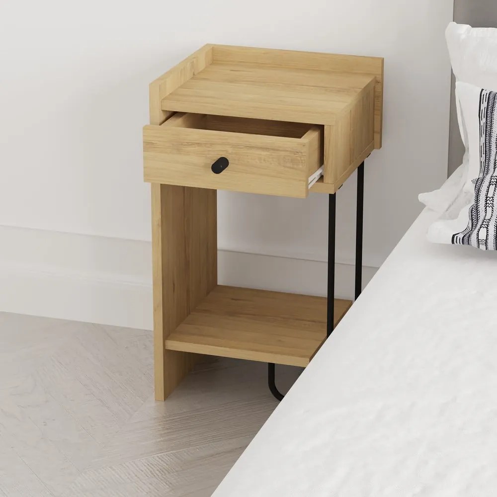 Noptieră în culoare naturală cu rafturi cu aspect de lemn de stejar Mercure – Marckeric