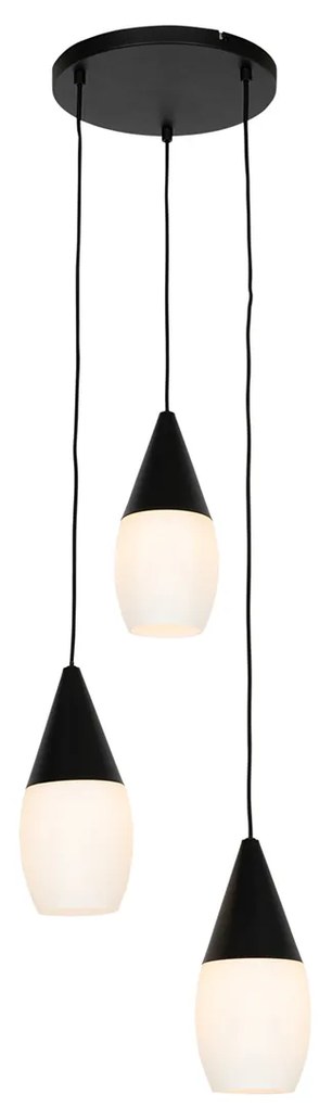 Lampă modernă suspendată neagră cu sticlă opalescentă cu 3 lumini - Drop