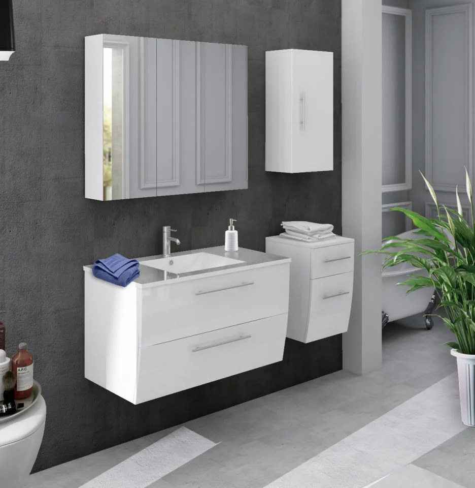 Set 4 piese mobilier pentru baie, alb, 90 cm