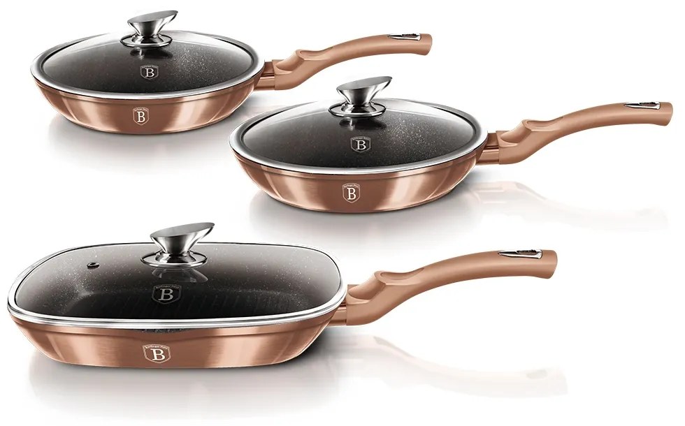 Set 3 tigai marmorate cu capac Rose Gold Berlinger Haus BH 6195