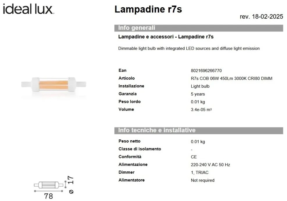 Bec LED dimabil, R7s COB 06W 450lm 3000K cri80 dimm