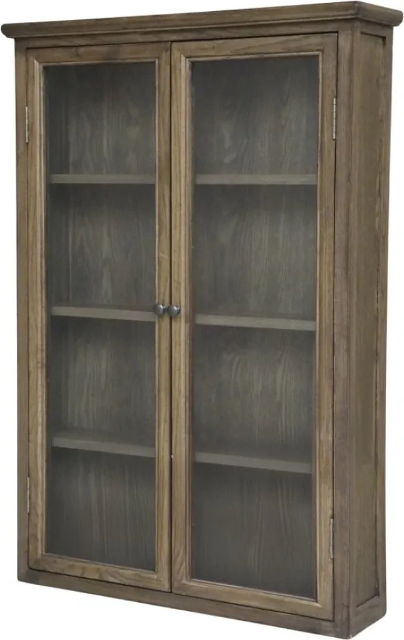 Vitrină de perete din lemn, natur, cu 2 uși vitrate, 3 rafturi și cornișă profilată, finisaj natural, 120 x 82 x 21 cm, „Marseille”