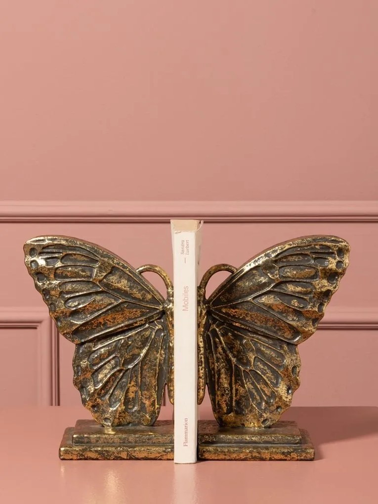 Set 2 suporturi pentru cărți din rășină, auriu, model aripi de fluture cu desen în relief și margine perlată, bază în trepte, finisaj patinat, 20,5 x