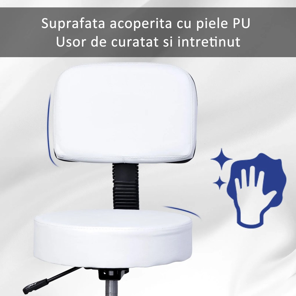 Taburet de Bar HOMCOM cu spatar inalt sezut capitonate, inaltime reglabila, tapiterie din piele ecologica, Max.sarcina 136kg alb | Aosom Romania