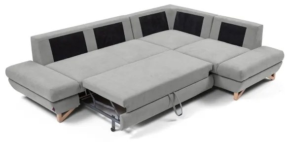 Colțar extensibil tapițat AVESTA, cu spațiu de depozitare, în formă de L, pe partea dreaptă, gri