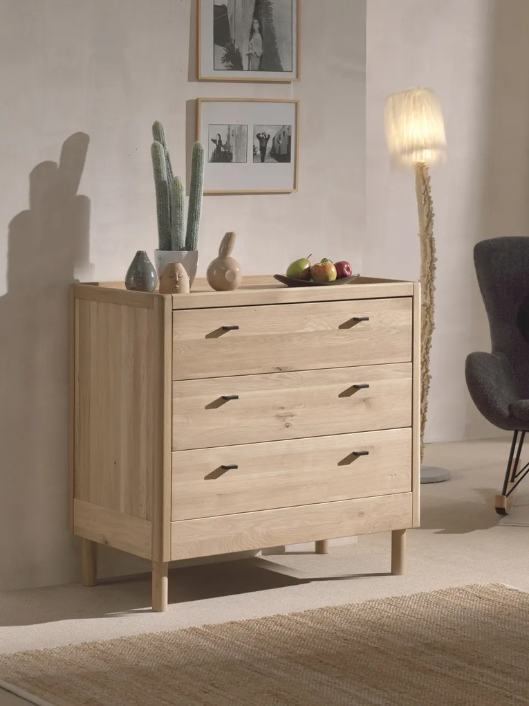 Set Complet Mobilier Camera Copii Forrest Oak, Pat 90x200 cm, Dulap cu 2 Uși, Noptieră și Comodă, din Lemn Masiv de Stejar, Natur – Vipack