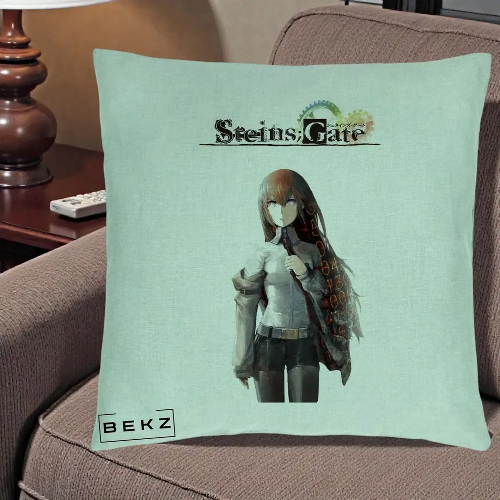 Perna Personalizata Steins Gate Kurisu Makise Anime, 40x40 cm, Verde Menta, Husa Detasabila, Perna Inclusa, BEKZ®