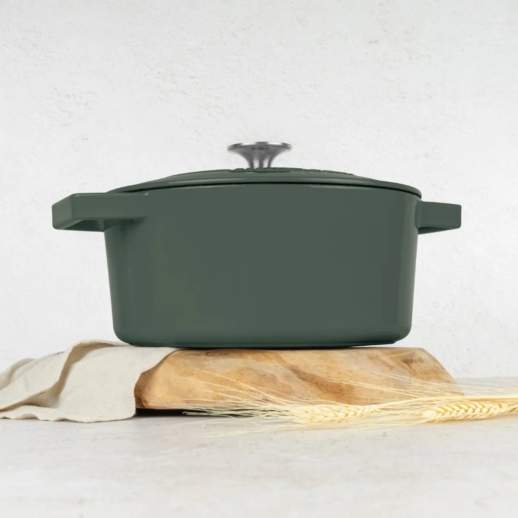 Oală din fontă emailată cu capac 24 cm, 4.35L – Berlinger Haus Green Matte Collection BH 6544, verde, pentru pâine, fripturi și supe