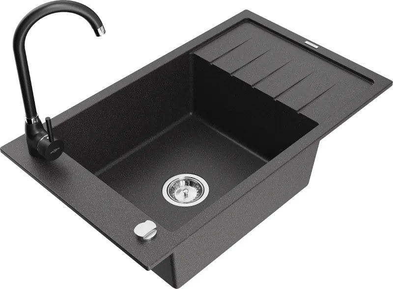 Mexen Elias chiuvetă de granit cu 1 bazin cu scurgător și baterie de bucătărie Telma, negru pătat - 6511-76-670200-70