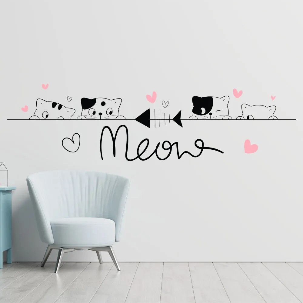 Sticker Autocolant Decorativ Perete Pisici "Meow", 90x24 cm, Oracal