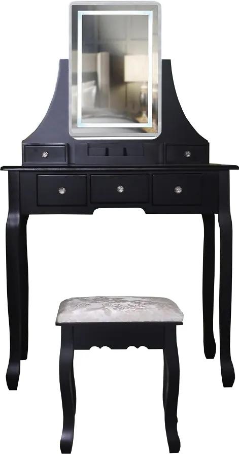 Set Cleopatra, Masă de toaletă cu oglindă iluminată LED, control touch, 5 sertare, scaun, Negru