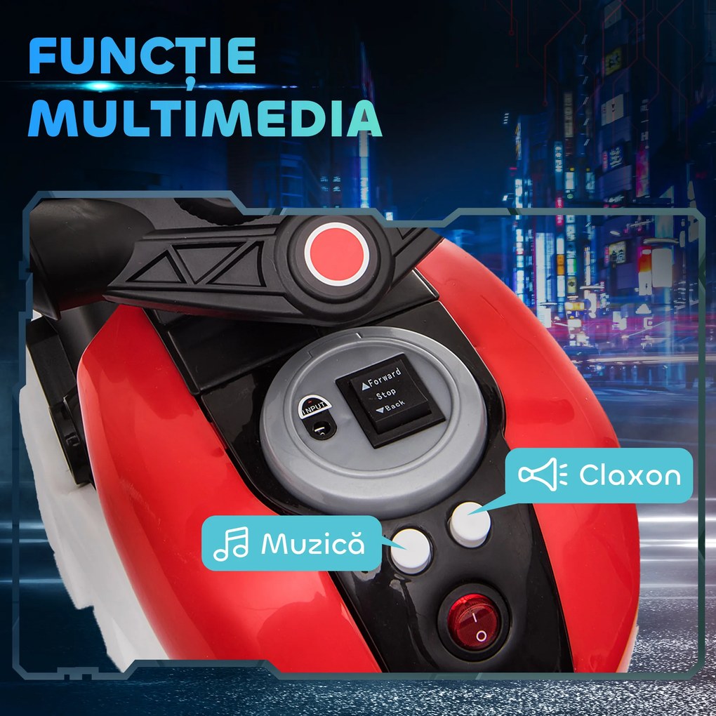 Motocicleta Electrica pentru Copii 3-5 Ani (max. 25kg) cu 3 Roti, Lumini si Sunete, Bateria 6V, Rosu, 86x42x52cm HOMCOM | Aosom Romania