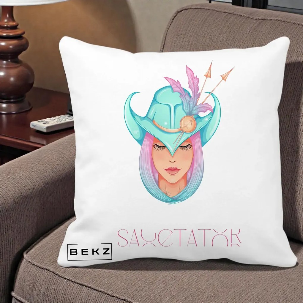Perna Personalizata Zodiac Sagetator Cowgirl, 40x40 cm, Alba Mata, Husa Detasabila, Perna Inclusa, BEKZ®
