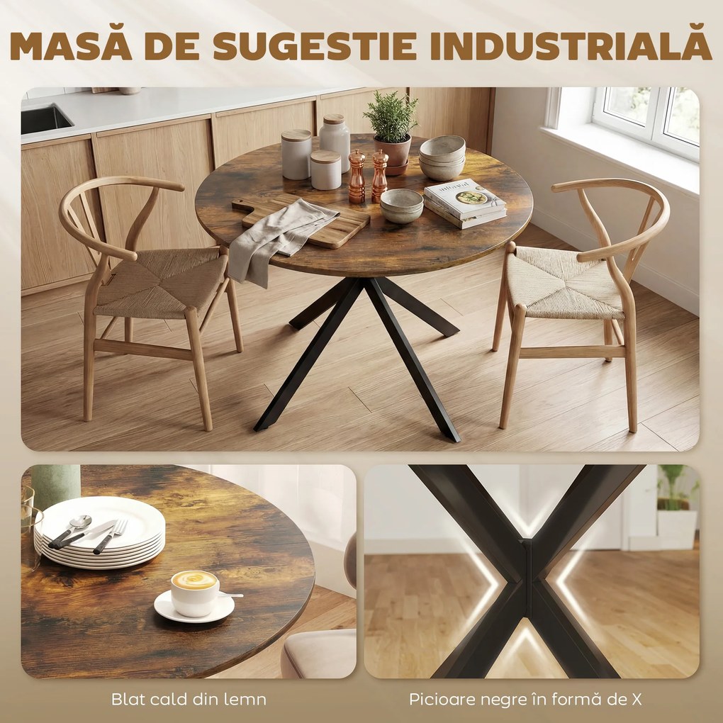 HOMCOM Masă de Sufragerie, Stil Industrial, Melamină din Lemn, Oțel,120cm X 120cm X 75cm,Stejar | Aosom Romania
