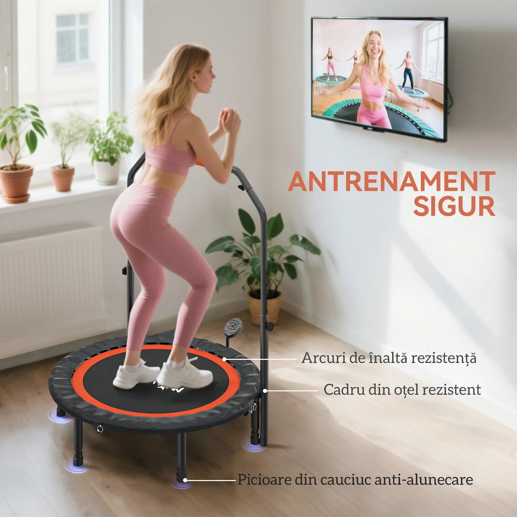 HOMCOM Trambulină Elastică Pliabilă cu Mâner Reglabil și Monitor LCD, Ø102x99-123 cm, Negru | Aosom Romania