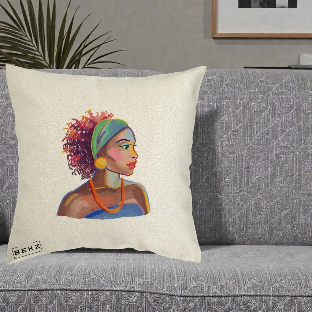 Perna Decorativa Portret Femeie Urbana Acuarela, 40x40 cm, Ecru, Husa Detasabila, Perna Inclusa, BEKZ®