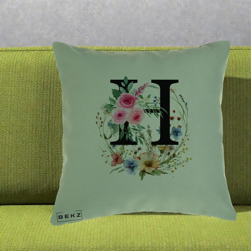Cadou Personalizat - Perna Personalizata Monogram Litera H cu Flori Acuarela, 40x40 cm, Verde, Husa Detasabila, Perna Inclusa, BEKZ®
