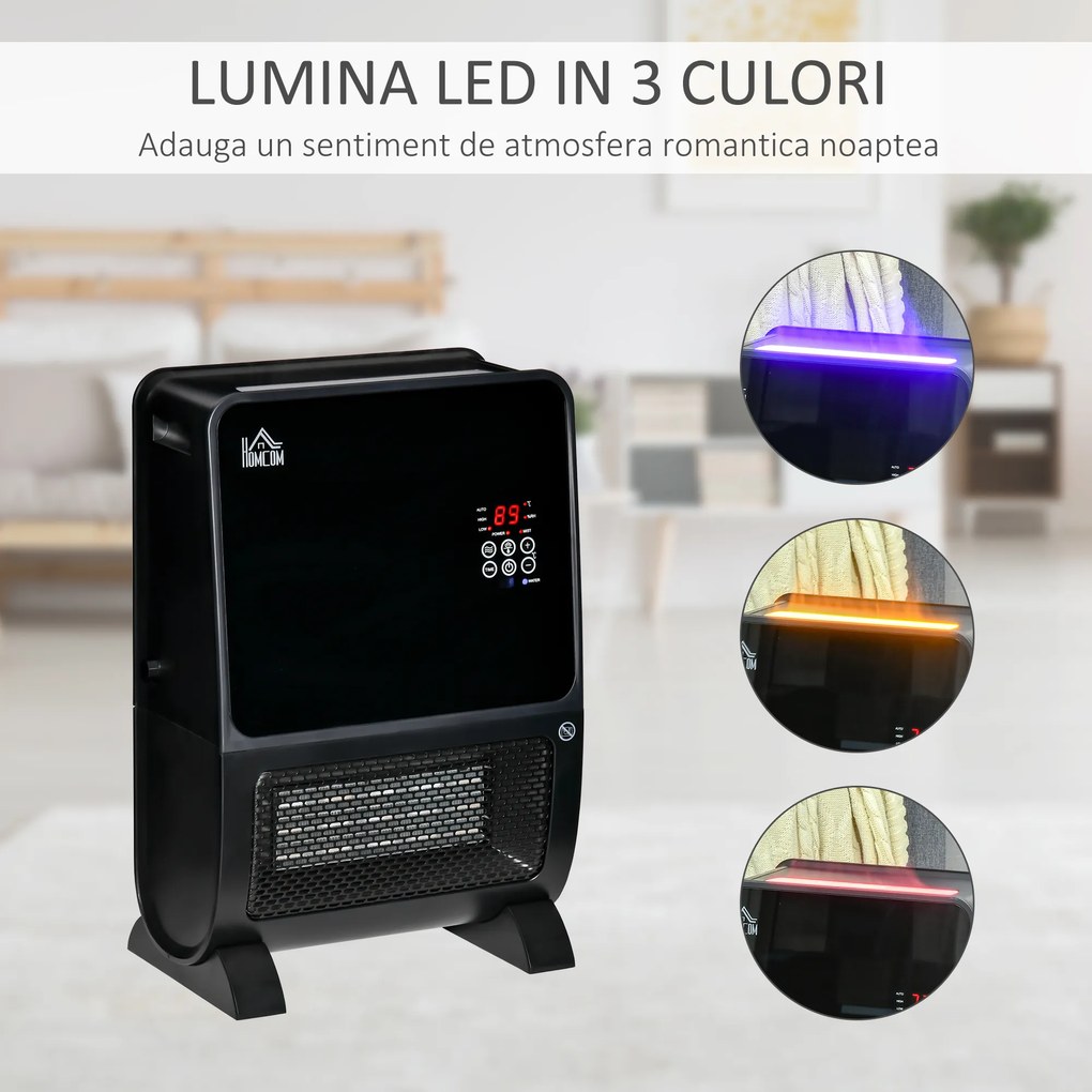 Soba Electrica 2 în 1 cu Umidificator, incalzitor cu Lumină LED in 3 Culori si Ultraviolete, Temporizator si Telecomanda HOMCOM | Aosom Romania