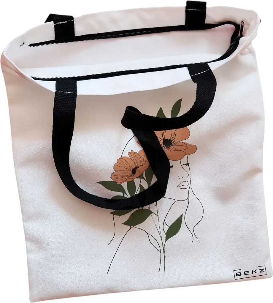 Sacosa de Panza pentru Cumparaturi, Geanta Tote, Flower Lady 18, Cu fermoar, 38x34.5 cm, Alba, BEKZ®