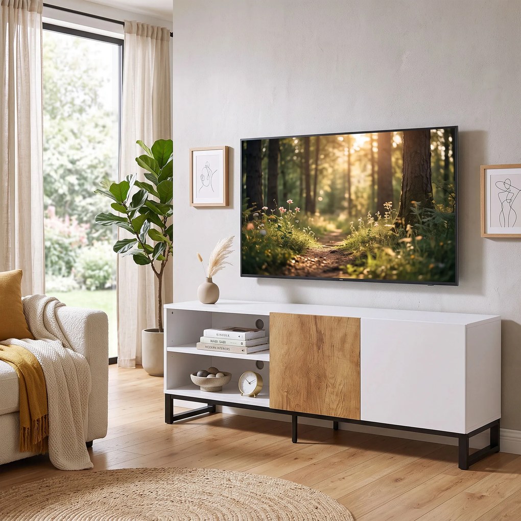 HOMCOM Comodă TV cu Rafturi Reglabile și Ușă Soft-Close, PAL și Oțel, 140x36,5x50 cm, Alb și Stejar | Aosom Romania