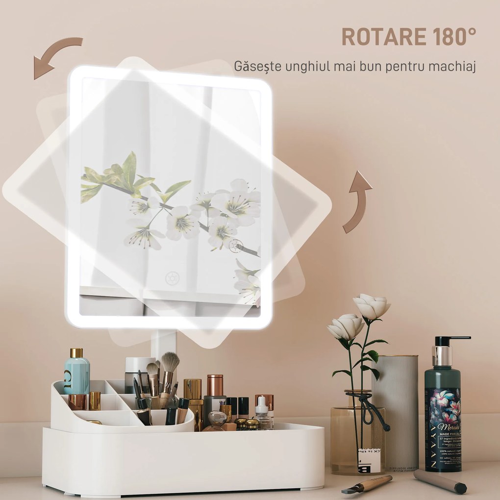 HOMCOM Oglindă Machiaj cu LED-uri, Oglindă Vanity Reîncărcabilă cu Ecran Touch, 2 Moduri de Iluminare și Rotire 180°, Alb | Aosom Romania
