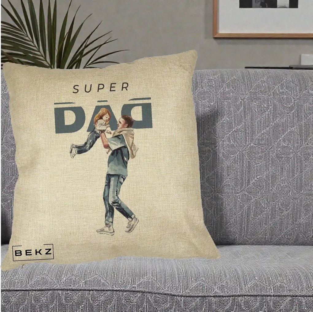 Cadou pentru Tata - Perna Personalizata Super DAD Tata si Fiica, 40x40 cm, Crem, Husa Detasabila, Perna Inclusa, BEKZ®
