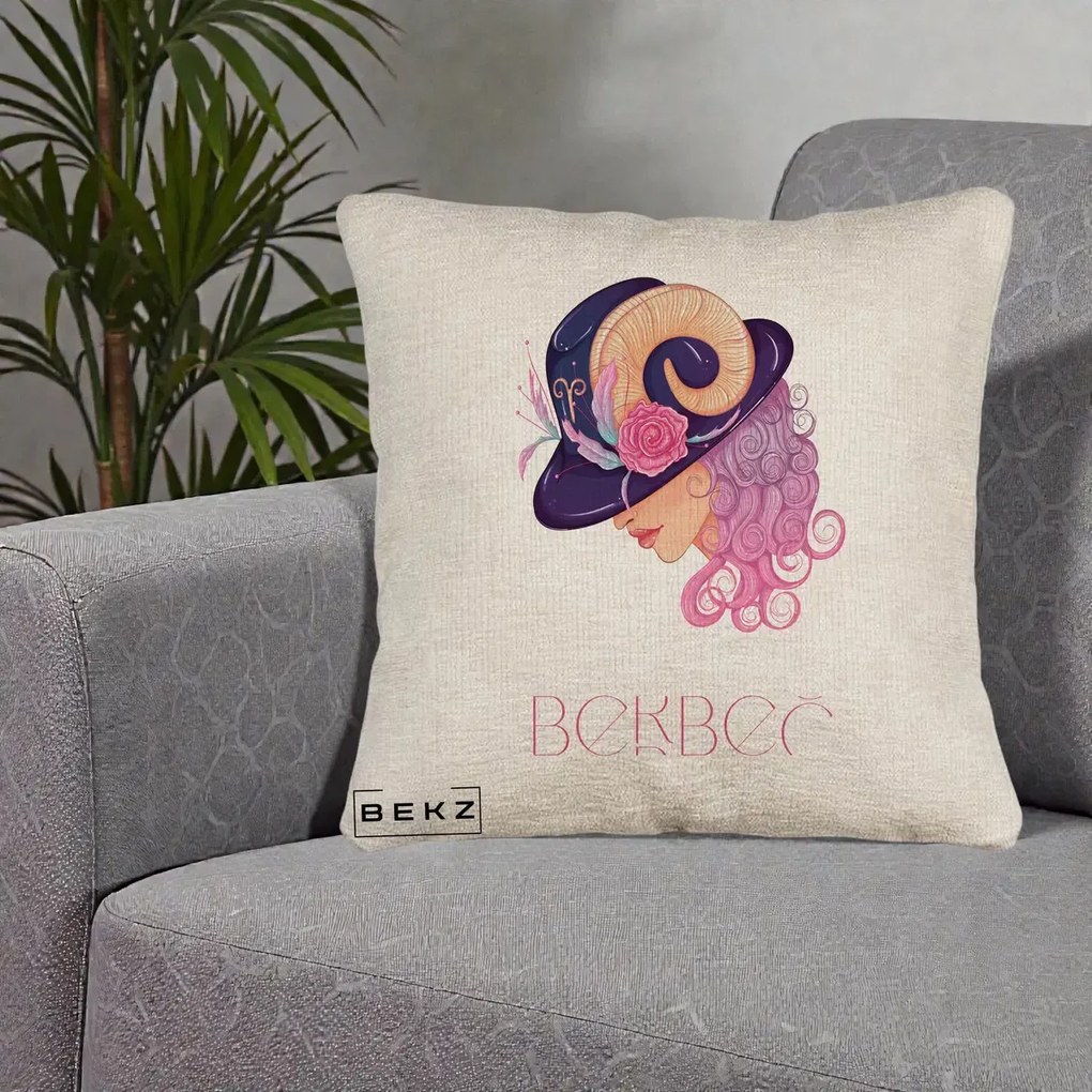 Perna Personalizata Zodie Berbec, 40x40 cm, Bej Canapea, Husa Detasabila, Perna Inclusa, BEKZ®