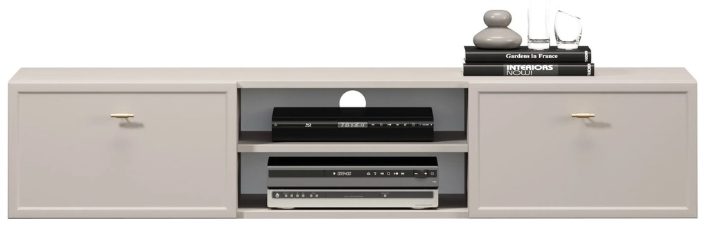 Comodă TV suspendată cu sertare Lorini 150 cm - cașmir / mânere aurii T-bar