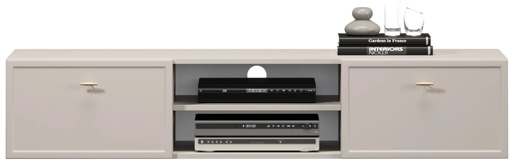 Comodă TV suspendată Lorini 150 cm cu sertare - culoare cașmir / mânere aurii tip T-bar