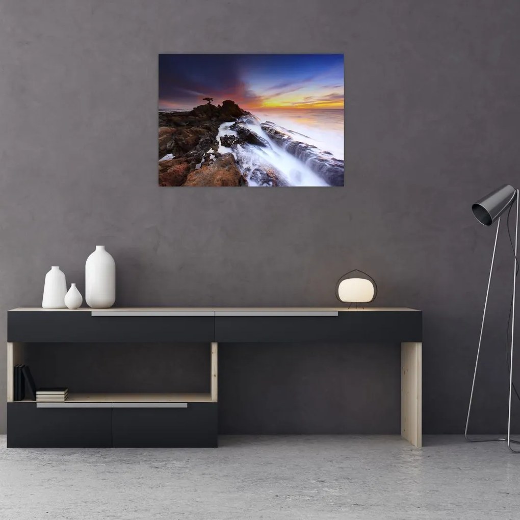 Tablou pe sticlă cu munți în ceață (70x50 cm)
