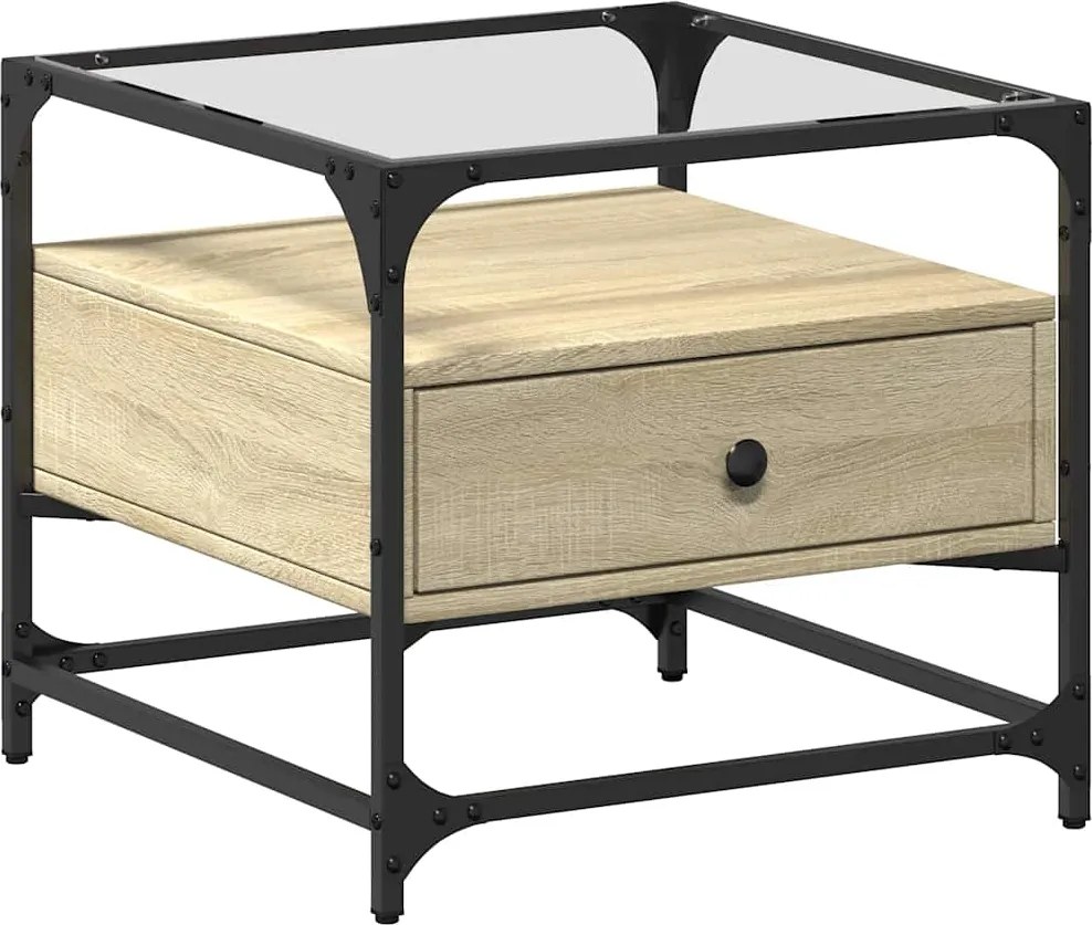 vidaXL Măsuță cafea cu blat din sticlă stejar sonoma 50x50x45 cm oțel