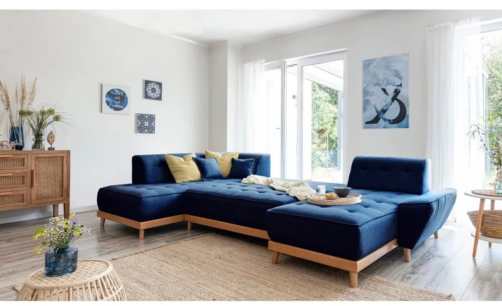 Canapea extensibilă în formă de "U" cu șezlong pe partea stângă Miuform Dazzling Daisy, albastru marin