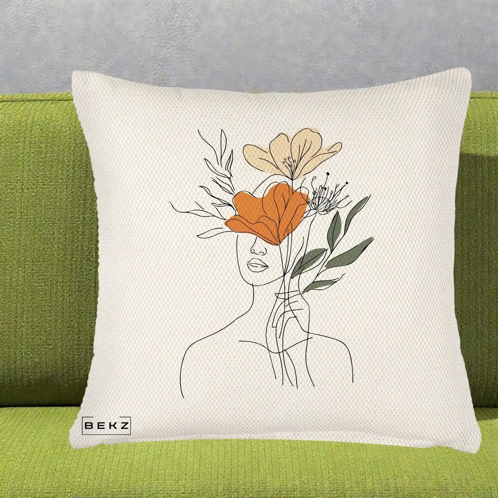 Perna Decorativa Portret Feminin Coroana Florala, 40x40 cm, Crem Reliefat, Husa Detasabila, Perna Inclusa, BEKZ®
