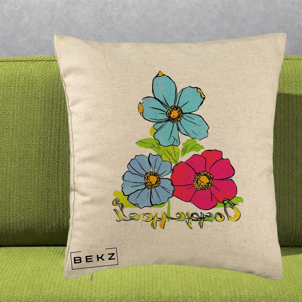 Perna Decorativa Trei Flori Grafice Pop Art, 40x40 cm, Bej, Husa Detasabila, Perna Inclusa, BEKZ®