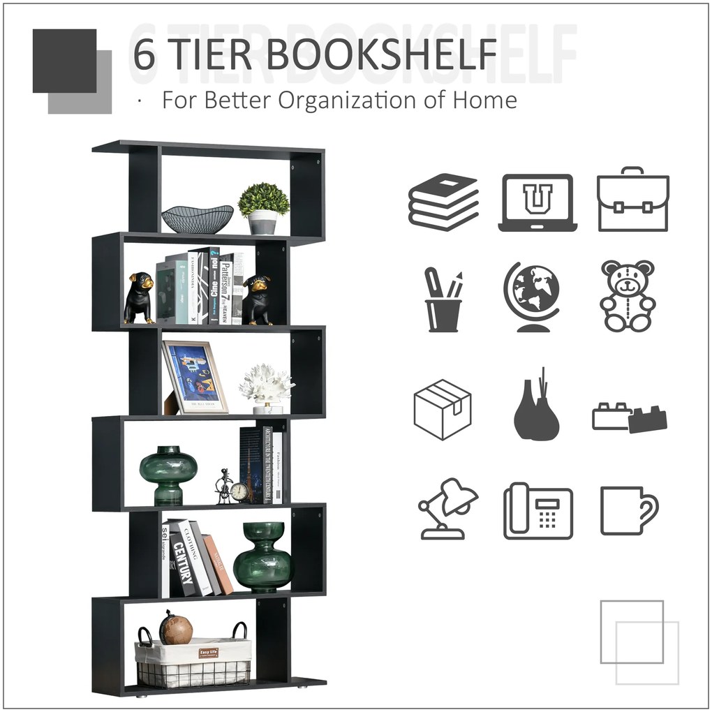 HOMCOM Bibliotecă Modernă cu 6 Rafturi, Design Zig-Zag, Lemn Rezistent, Ușor de Curățat, Negru, 80x24x191 cm | Aosom Romania
