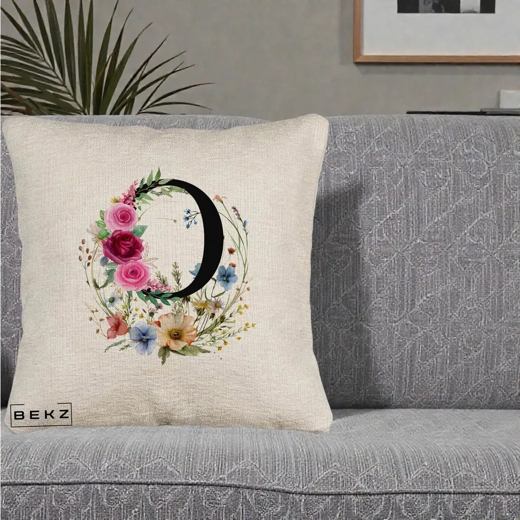 Cadou Personalizat - Perna Personalizata Monogram Litera O cu Flori Acuarela, 40x40 cm, Bej Canapea, Husa Detasabila, Perna Inclusa, BEKZ®
