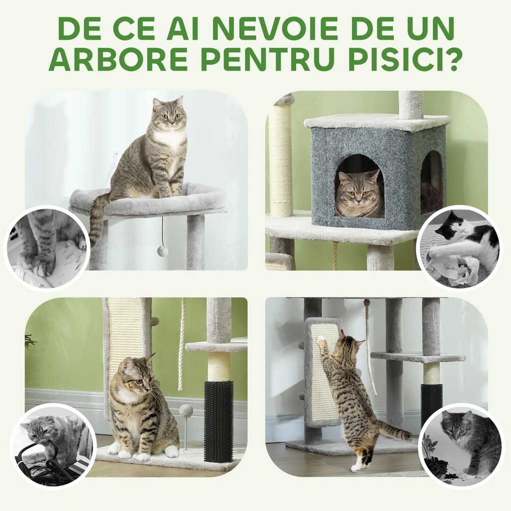 PawHut Ansamblu de Joacă pentru Pisici Multinivel Înalt 132 cm cu Căsuță, Culcuș, Stâlpi de Zgâriat, Perie și Minge, Gri | Aosom Romania