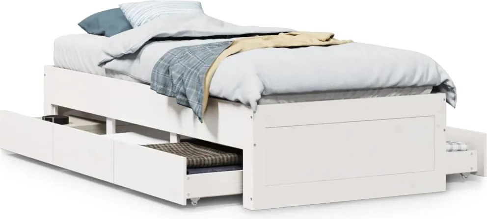 vidaXL Cadru pat fără saltea/cu sertare, alb, 90x200cm, lemn masiv pin