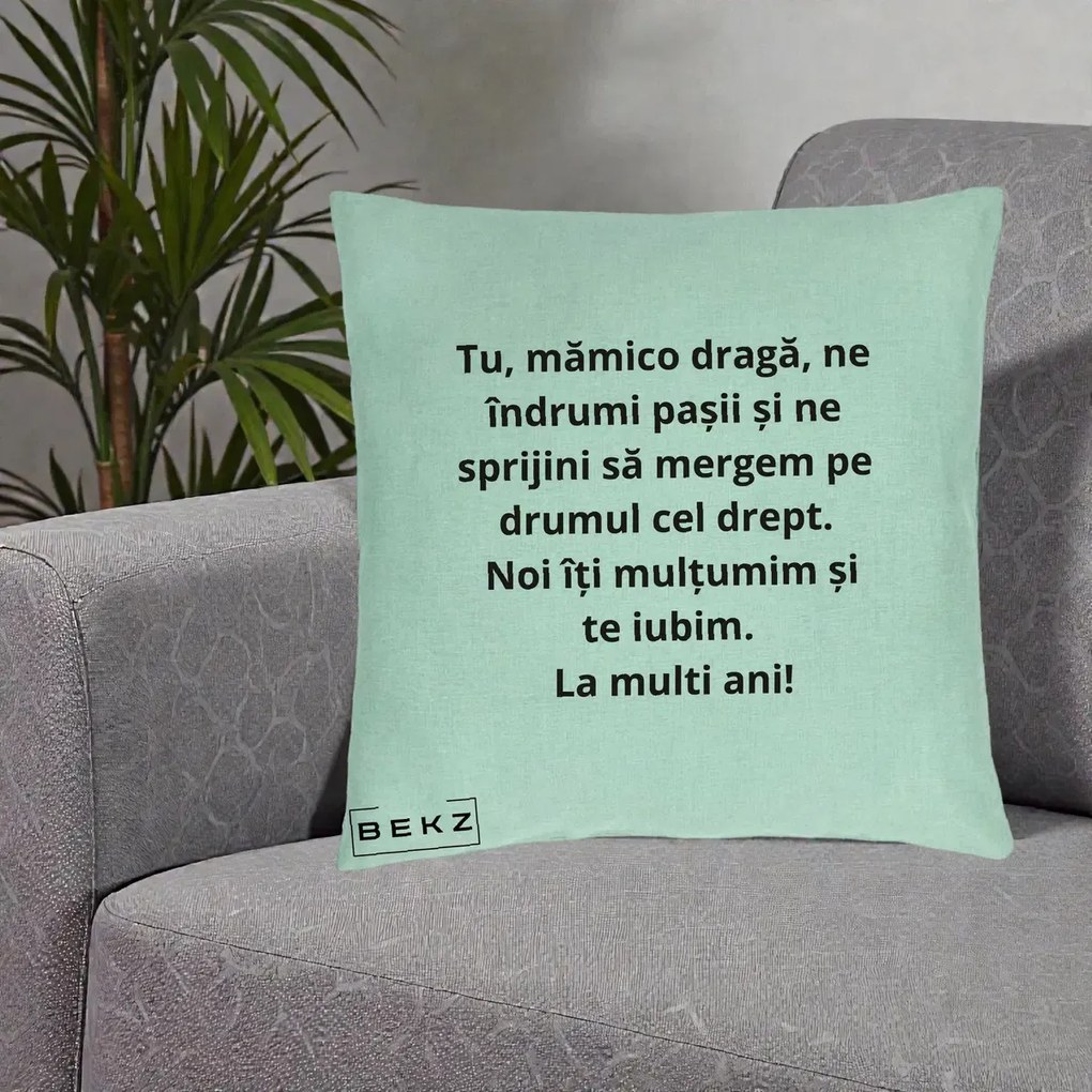 Cadou pentru Mama - Perna Personalizata Mamico Draga Te Iubim La Multi Ani cu Text Negru, 40x40 cm, Verde Menta, Husa Detasabila, Perna Inclusa, BEKZ®