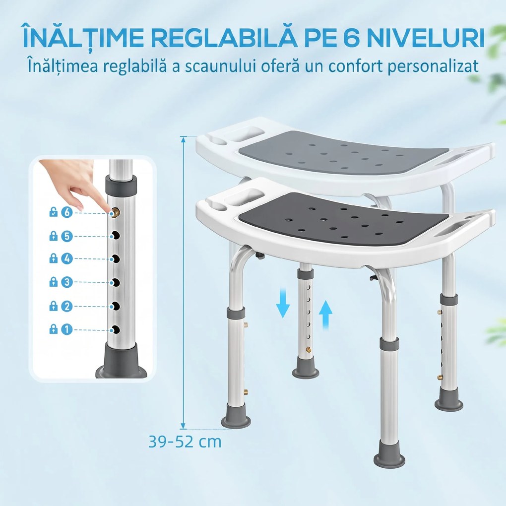 HOMCOM Scaun de Duș din Aluminiu și Plastic Antialunecare, Înălțime Reglabilă 6 Niveluri 39-52cm, Gri | Aosom Romania
