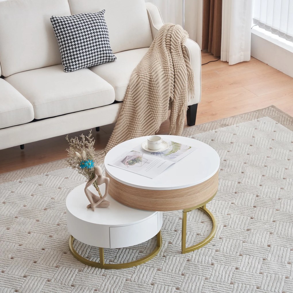 Set de Măsuțe de Cafea Suprapozabile Reglabile pe Înălțime cu Două Sertare, Design Elegant din MDF, 70x70x42/56,5 + 60x60x24 cm, Alb