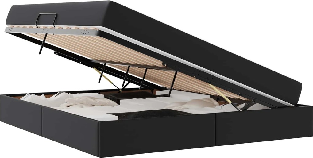 vidaXL Pat cu saltea și spațiu de depozitare 2 pcs Negru Piele