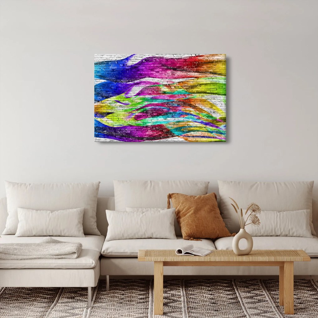 Tablou - Zid de cărămidă cu flăcări colorate (90x60 cm)