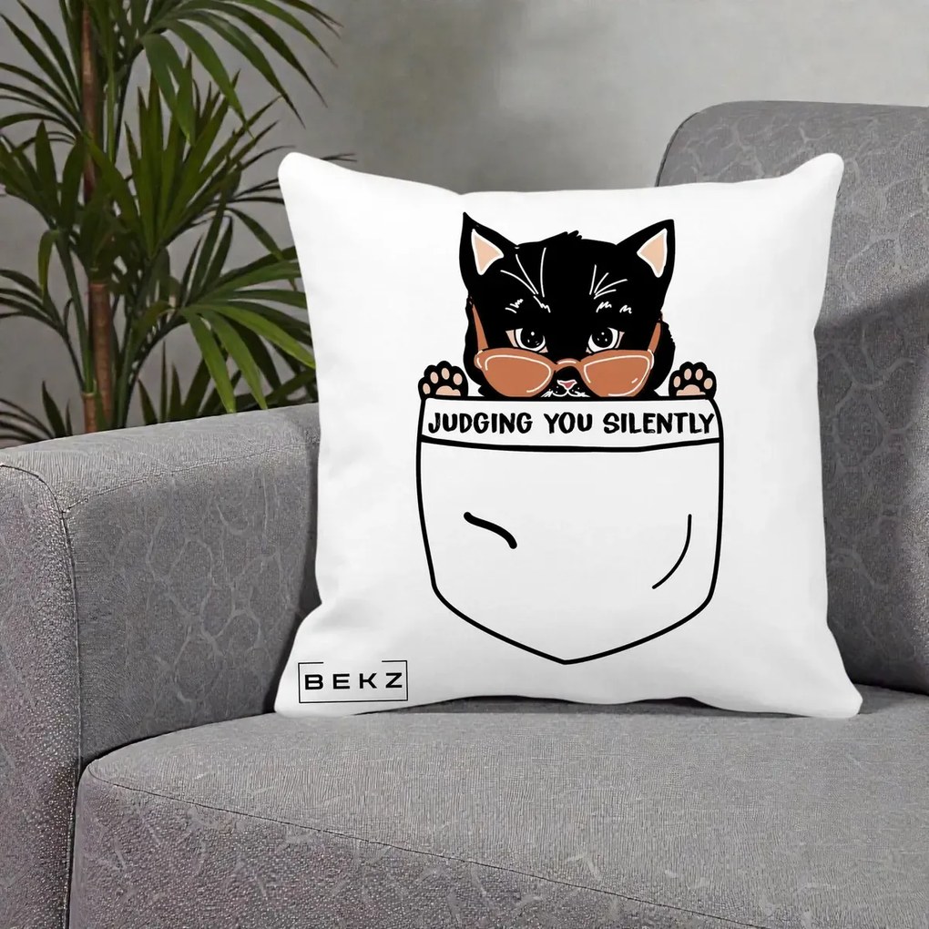 Perna Decorativa Judging You Silently Pisica Buzunar, 40x40 cm, Alba Mata, Husa Detasabila, Perna Inclusa, BEKZ®