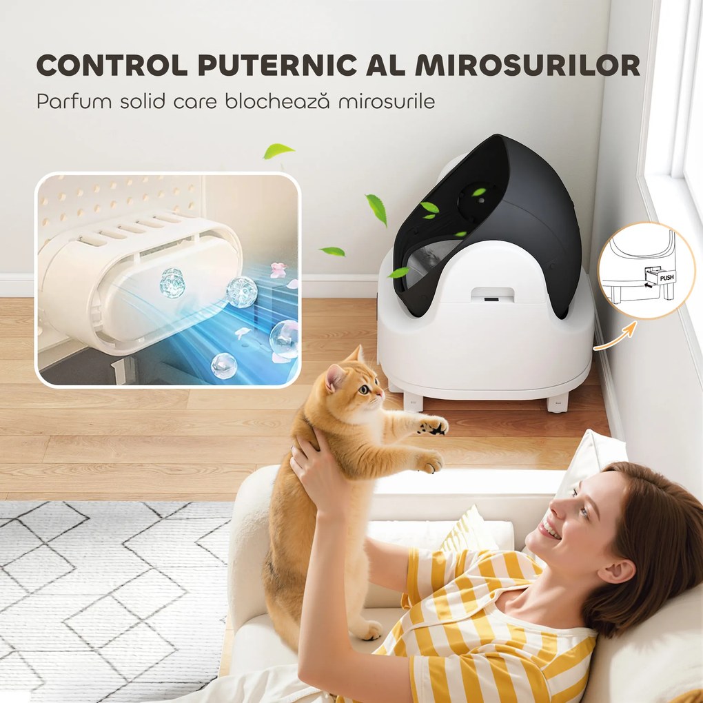 PawHut Ladă de Gunoi Autopropulsată pentru Pisici, Ladă Automată pentru Mai Multe Pisici, Design Deschis cu Senzori de Siguranță, Deodorant, Recipient Gunoi 8L, Saci de Gunoi, Silențioasă, pentru Pisici 1-5 kg | Aosom Romania