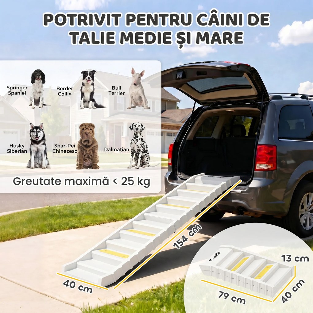 PawHut Rampă Pliabilă pentru Câini pentru Mașină și Paturi Înalte, cu 10 Trepte, Benzi și Covorașe Antiderapante, Albă | Aosom Romania