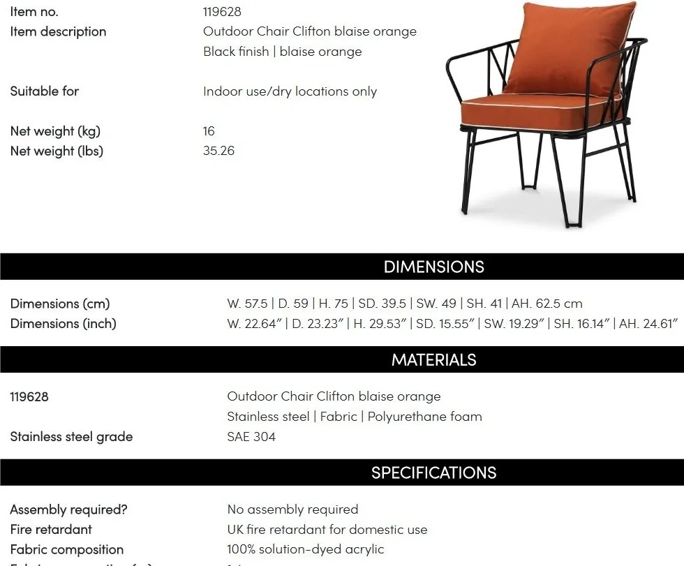 Scaun design LUX pentru exterior, Tesatura, Metal, Clifton blaise orange