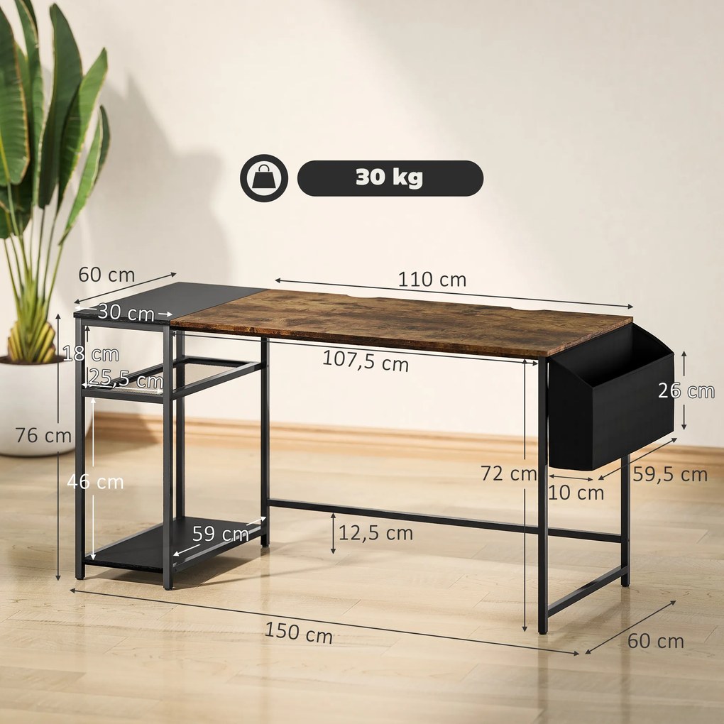 HOMCOM Birou de calculator 150 x 60 cm cu rafturi reversibile și sac din material textil, pentru spații mici, marron | Aosom Romania
